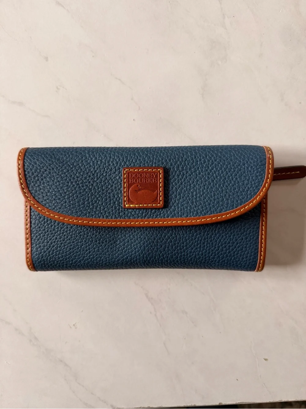Dooney & Bourke Navy Pebbled Leather Wallet with Brown Trim - Picture 1 of 4